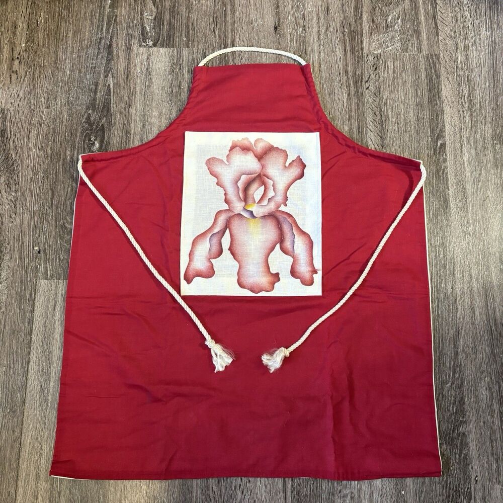 Handmade Artistic Orchid Apron Hand Painted Patch Pocket Rope Tie